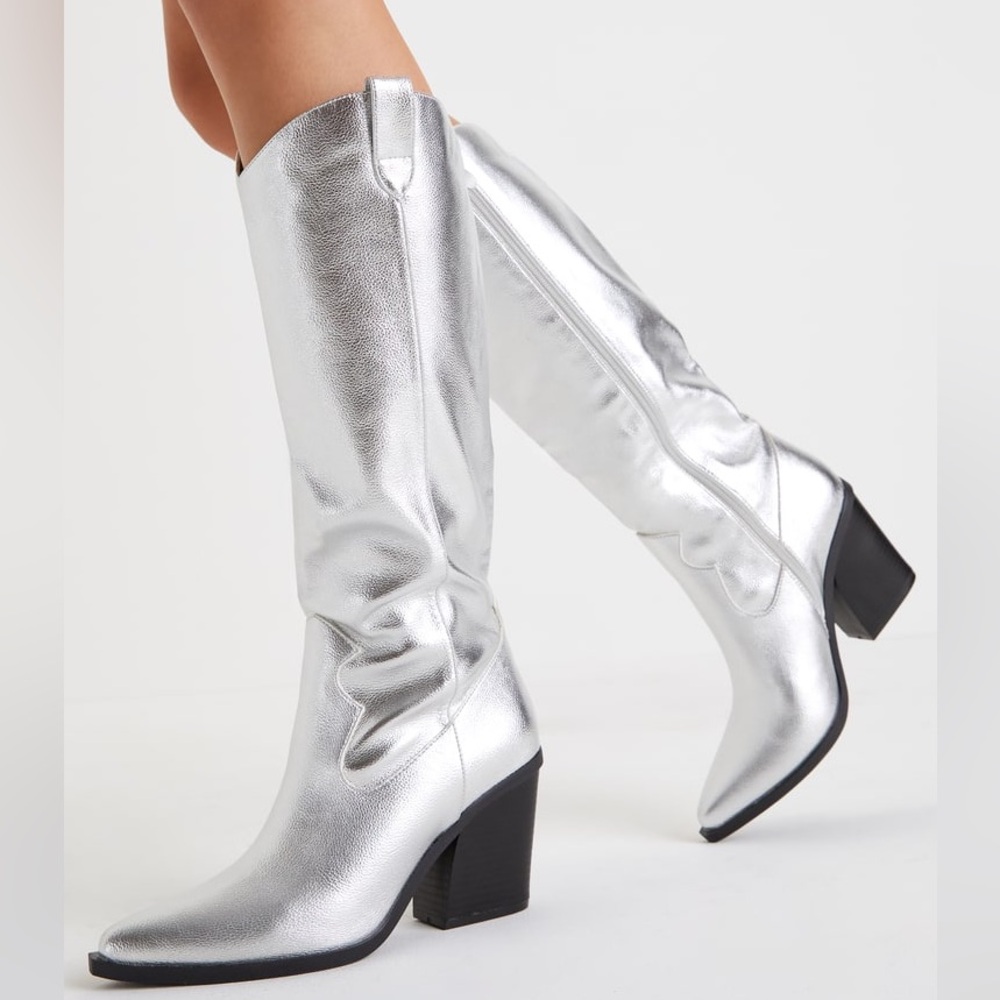 LuLu’s Silver Knee-High Boots zippered stack heel festival or concert boots